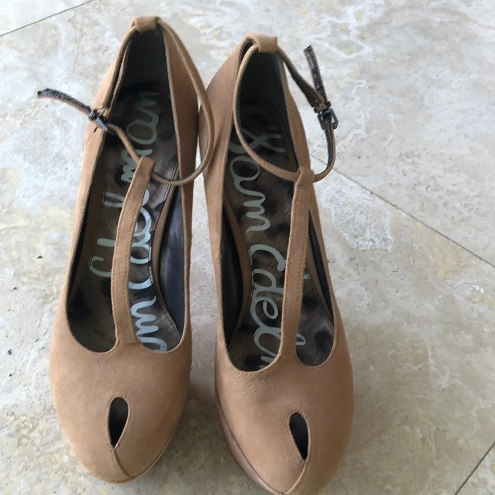 Sam Edelman Ankle T-Strap Pumps -Camel Suede - 8.5